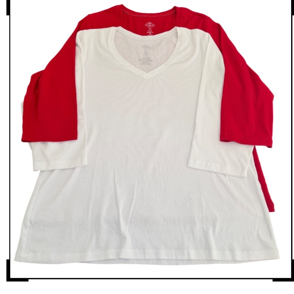St Johns Bay Womens PXXL 2 Pack Essential Tee 3/4 Sleeve V-Neck Red White Cotton